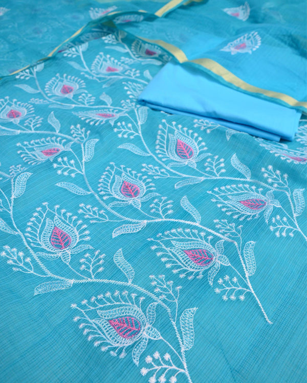 Indiehaat|Kota Doria Embroidered Blue Suits(Top+Bottom+Dupatta)