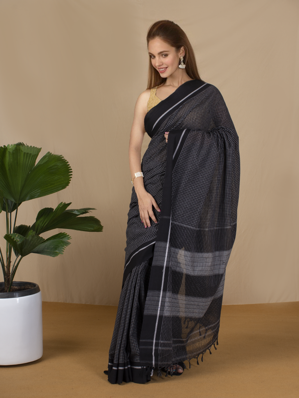 Handloom Mark Patteda Anchu Regal Black Cotton Saree
