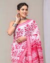 Indiehaat | Linen Saree White And Dark Pink Color Kalamakari Handblock Printed With Running Blouse