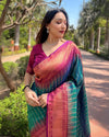 Indiehaat | Soft Silk Floral Border Contrast Zari Woven Green Saree