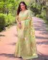 Indiehaat | Organza Meenakari Floral Jaal Zari Woven Green Saree