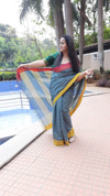 Patteda Anchu Handloom Mark Certified Pure Cotton Saree Green Colour with Contrast Border and Running Blouse-Indiehaat