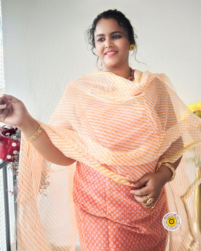 Kota Doria Orange Suit Material 2 Piece Lehariya Tie And Dye (Only Top And Dupatta)-Indiehaat