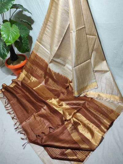 Handcrafted Kota Silk Beige Saree with Blouse-Indiehaat