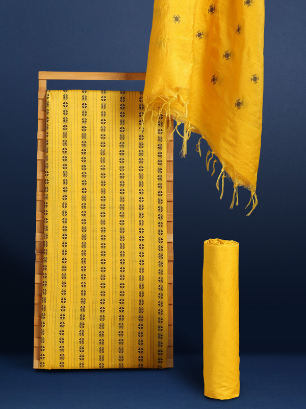 Katan Silk Expressive Handcrafted Yellow Suit (T+B+D)