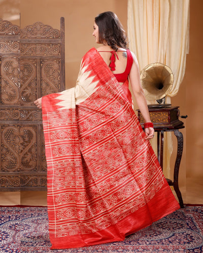 Silkmark Tussar Lucid Blockprint Beige & Red Saree