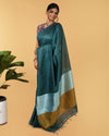 Silk Linen Plain Saree Green Color with contrast border and attached Running Blouse-Indiehaat