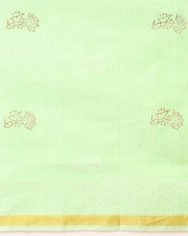 Adorable Kota Doria Blockprint Suit Material Green With Blue Dupatta