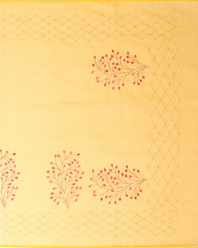 Bright Kota Doria Cotton Bel Embroidery Yellow Saree Handdyed