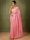 Silk Linen Banarasi Brocade Weaving Handloom Pink Saree With Blouse-Indiehaat