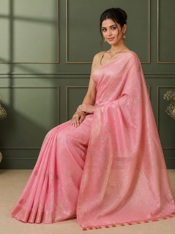 Silk Linen Banarasi Brocade Weaving Handloom Pink Saree With Blouse-Indiehaat