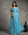 Silk Linen Embroidered Handloom Light Blue Saree with Running Blouse-Indiehaat