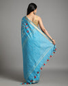 Silk Linen Embroidered Handloom Light Blue Saree with Running Blouse-Indiehaat