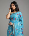 Silk Linen Embroidered Handloom Light Blue Saree with Running Blouse-Indiehaat