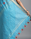 Silk Linen Embroidered Handloom Light Blue Saree with Running Blouse-Indiehaat