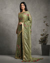 Silk Linen Digital Embroidered Handloom Green Saree with Running Blouse-Indiehaat