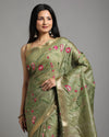 Silk Linen Digital Embroidered Handloom Green Saree with Running Blouse-Indiehaat