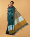 Silk Linen Plain Saree Green Color with contrast border and attached Running Blouse-Indiehaat