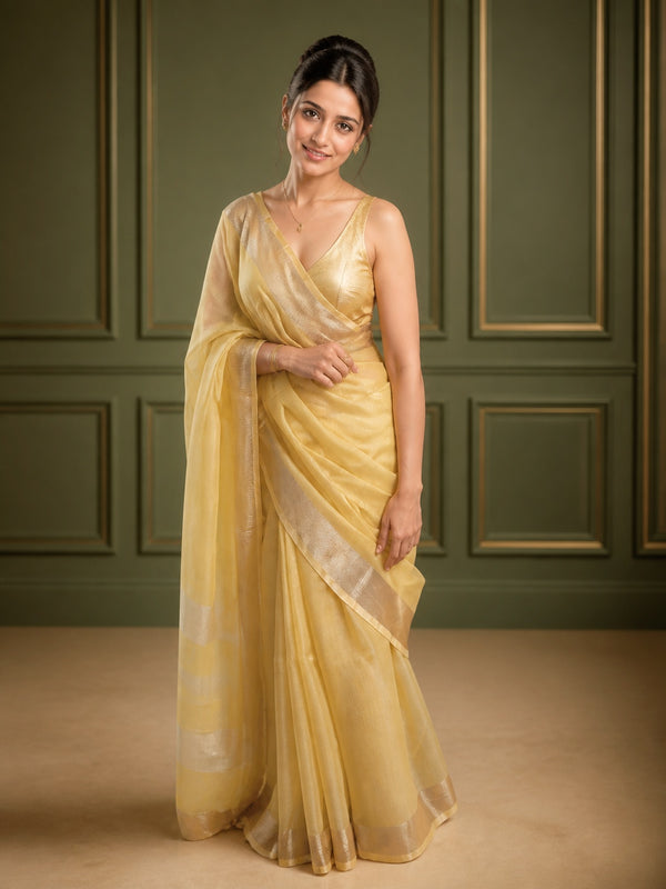 Ethereal Pure Tissue Linen Yellow Handdyed Saree