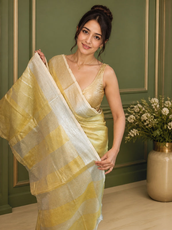 Ethereal Pure Tissue Linen Yellow Handdyed Saree