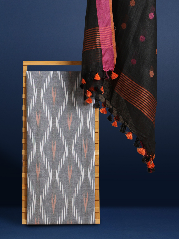 Pure Linen Luminous Black Dupatta & Grey Ikkat Kurti Set