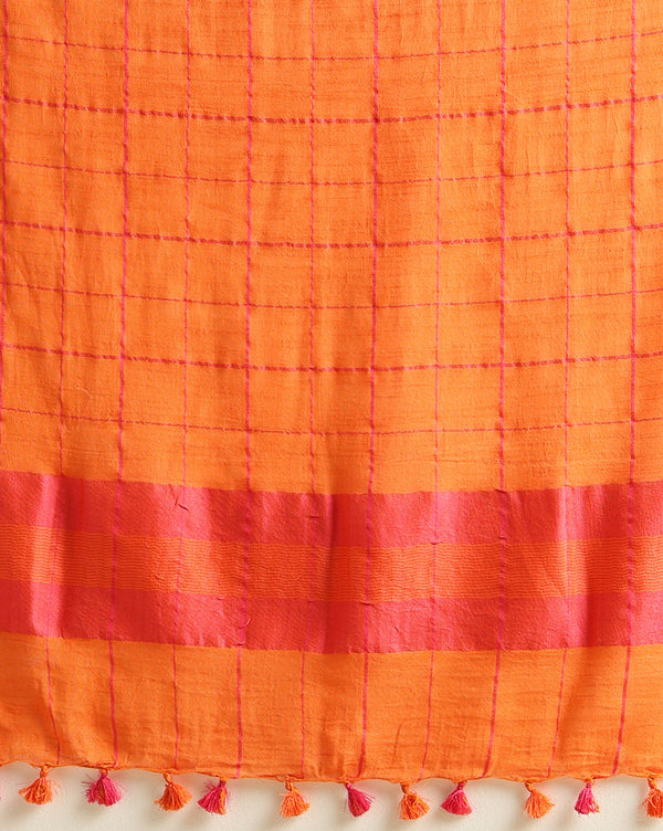 Pure Linen Lustrous Red Dupatta & Yellow Ikkat Kurti Set