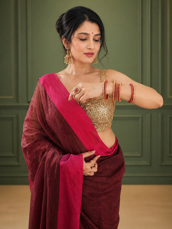 Handwoven Pure Linen Saree Purple Color with Blouse-Indiehaat