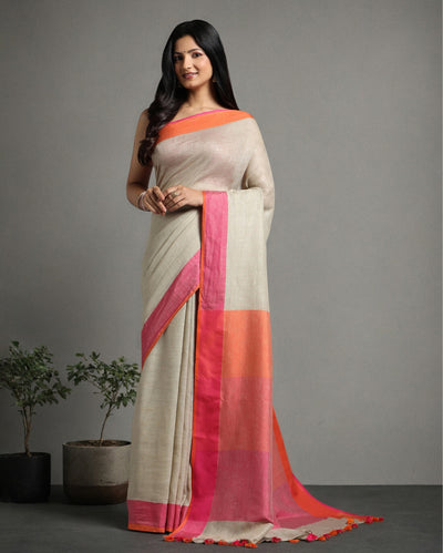 Evocative Handwoven Pure Linen Beige Saree