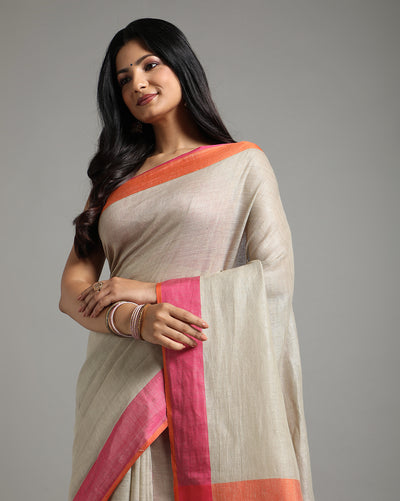 Evocative Handwoven Pure Linen Beige Saree