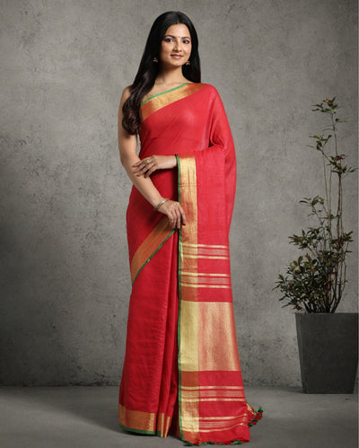 Ornate Handwoven Pure Linen Red Saree