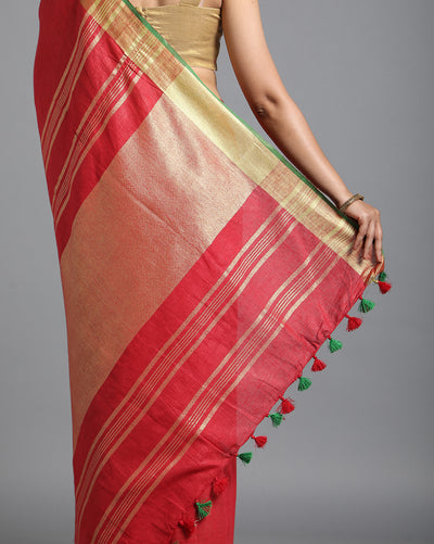 Ornate Handwoven Pure Linen Red Saree