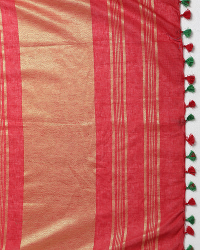 Ornate Handwoven Pure Linen Red Saree