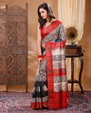 Silkmark Certifiied Tussar Silk Handloom Handblock Printed Black & Khaki Colour Saree with Blouse-Indiehaat