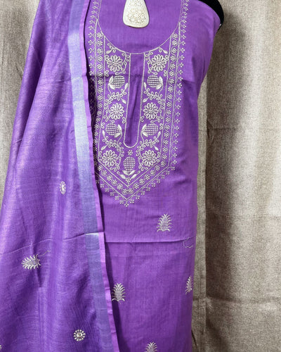 Indiehaat | Gulmohar Slub Linen Lavender Unstiched Embroidered Suit