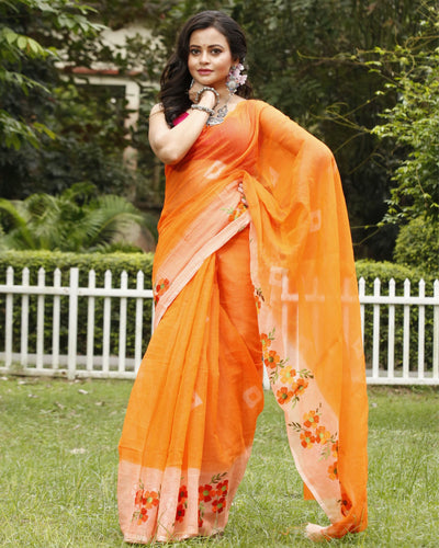 Earthy Bandhej Kota Doria Embroidery Orange Saree Handdyed