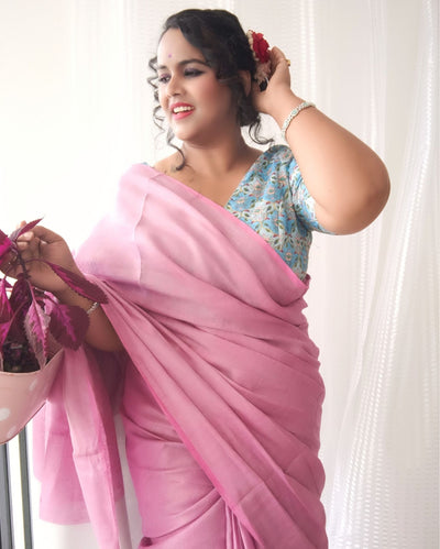 Modern Pure Tissue Linen Handdyed Saree Pink