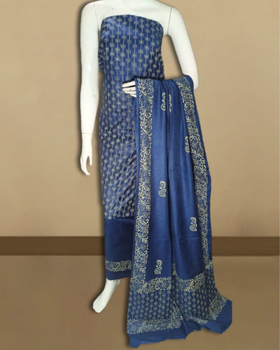 Katan Silk Artistic Blockprint Blue Suit