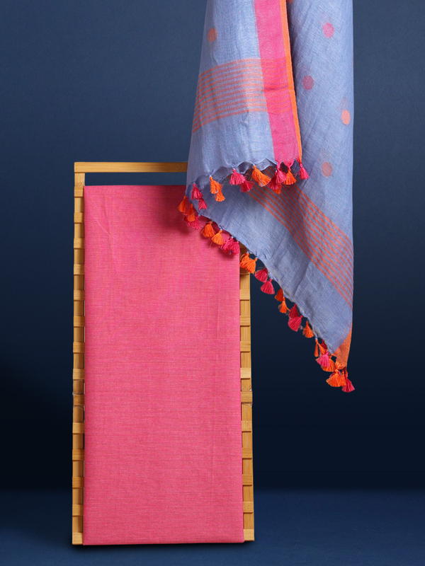 Pure Linen Poised Blue Dupatta & Katan Silk Pink Top Set