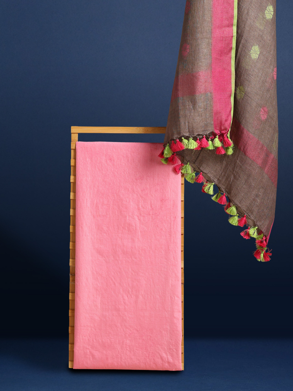 Pure Linen Pastoral Brown Dupatta & Katan Silk Pink Top Set