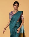 Silk Linen Plain Saree Green Color with contrast border and attached Running Blouse-Indiehaat