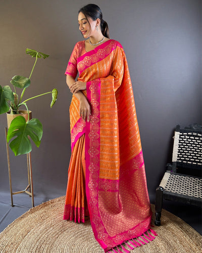 Indiehaat | Soft Silk Zari Woven Contrast Green & Red Saree with Satin Border