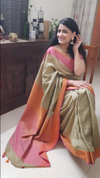 Handwoven Pure Linen Saree Beige Color with Blouse-Indiehaat