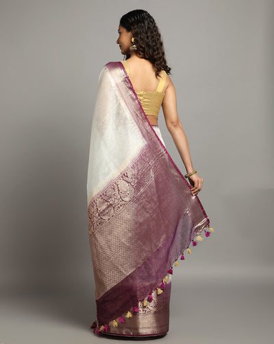 Lustrous Banarasi Silk Linen White Handloom Saree