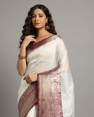 Lustrous Banarasi Silk Linen White Handloom Saree