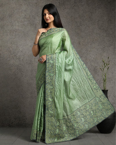 Silkmark Certified Lucid Pure Tussar Cutwork Green Saree