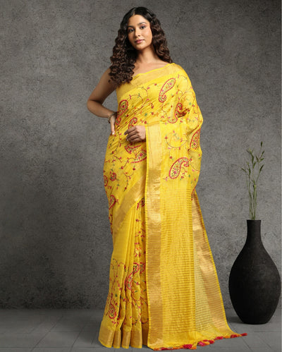 Captivating Silk Linen Embroidered Mustard Saree