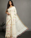 Luminous Silk Linen Embroidered Off White Saree