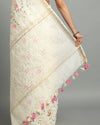 Luminous Silk Linen Embroidered Off White Saree