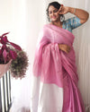 Modern Pure Tissue Linen Handdyed Saree Pink