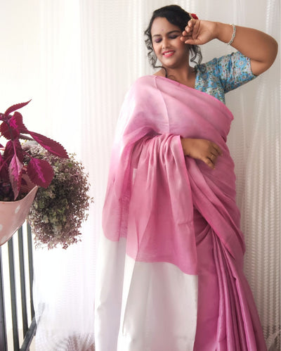 Modern Pure Tissue Linen Handdyed Saree Pink